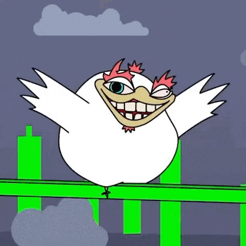 a cartoon chicken is sitting on a green fence .