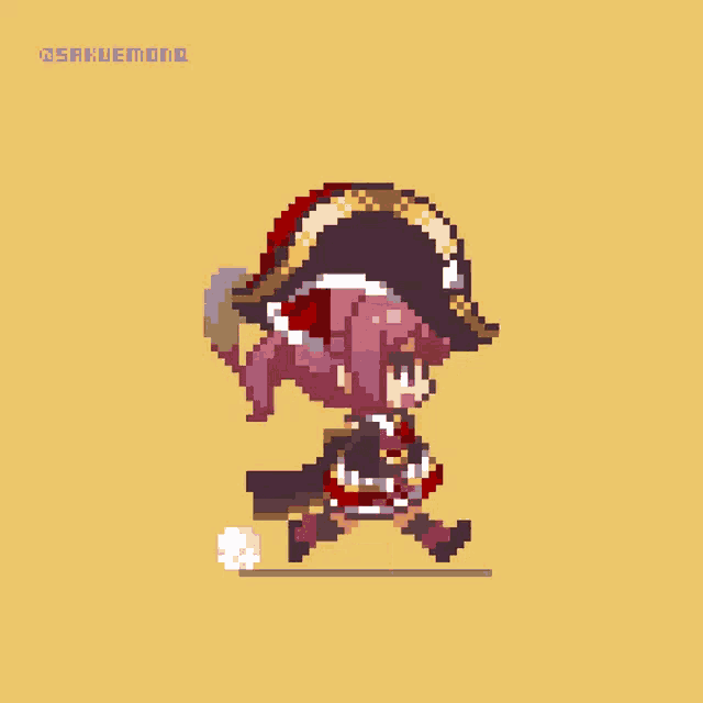 a pixel art of a girl wearing a pirate hat and a sword .