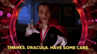 a woman in a fur coat is saying `` thanks dracula , have some cake . ''
