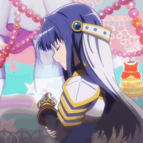 a girl with long blue hair is wearing a white armor