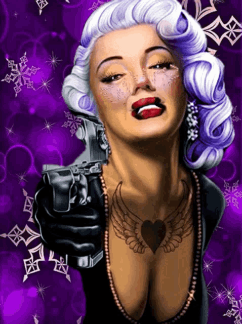 a painting of a woman holding a gun with a heart tattoo on her chest