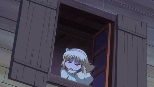 a cartoon character is looking out a window