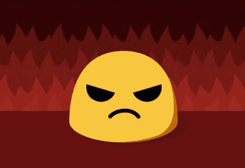 a yellow smiley face with an angry look on its face stands in front of a fire background