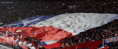 a large red white and blue flag is being waved by a crowd of people
