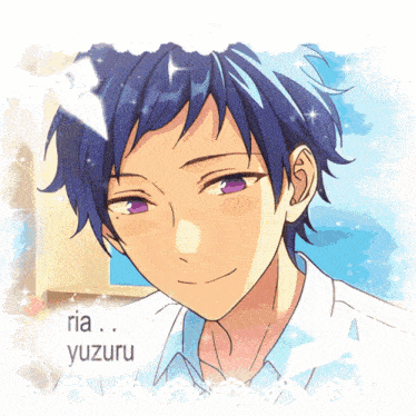 a drawing of a boy with purple eyes and the name ria yozuru on the bottom