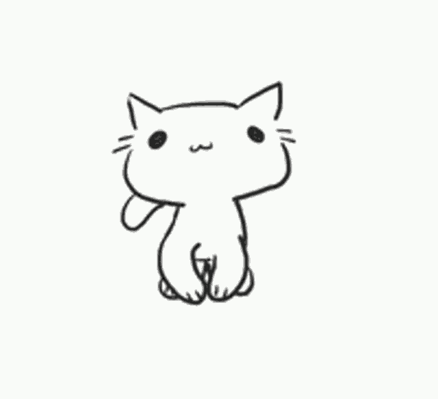 a black and white drawing of a cat standing with its eyes closed on a white background .