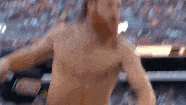 a shirtless man is dancing in front of a crowd .