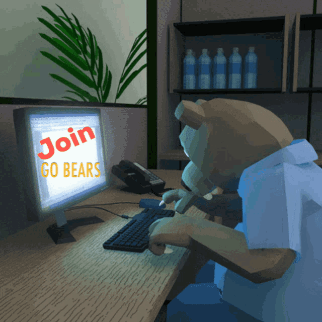 a bear is sitting at a desk with a computer that says join go bears