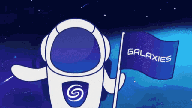 a cartoon of an astronaut holding a blue flag that says galaxies