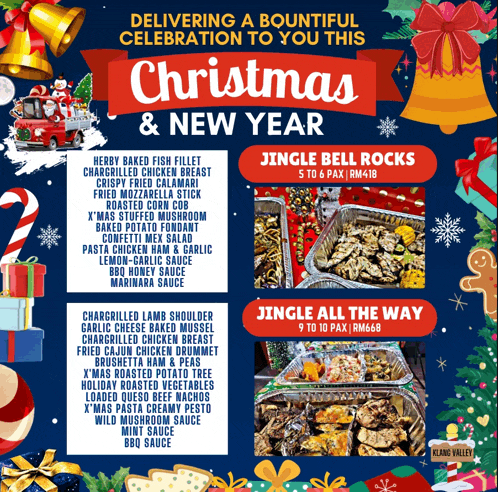 a poster for christmas and new year shows a variety of foods