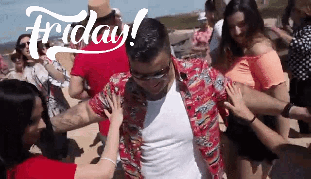 a group of people are dancing on a beach with the words friday in the corner