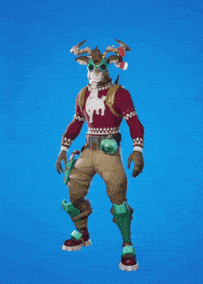 a reindeer wearing a red sweater and green pants is holding two circles