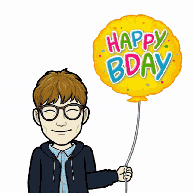 a man is holding a yellow balloon that says happy bday