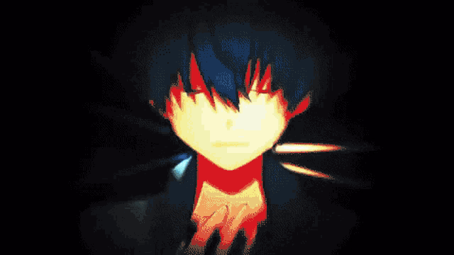a boy with blue hair is standing in the dark with his hands folded