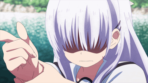a girl with white hair covering her face with her hand
