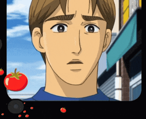 a cartoon of a man with tomatoes behind him