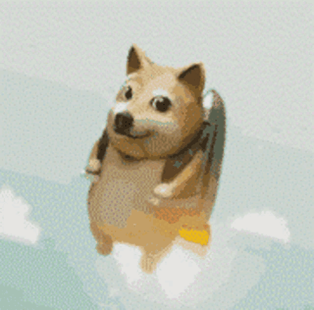 a doge is flying through the air with a backpack on its back