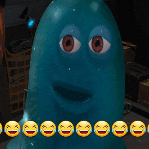 a blue cartoon character is surrounded by yellow smiley faces that are laughing and crying