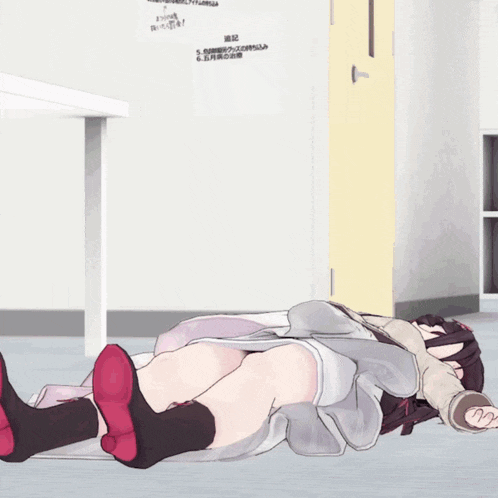 a girl is laying on the floor in front of a sign that says ' notice '