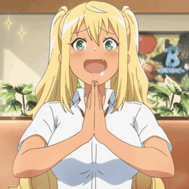 a blonde anime girl with pigtails is praying in front of a sign that says b.