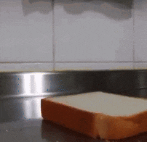 a stainless steel counter top with a piece of bread on it
