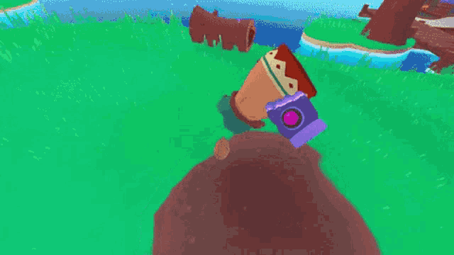 a cartoon character is wearing a red hat and a purple hat in a video game .