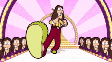a cartoon of a man walking down a staircase with a crowd behind him