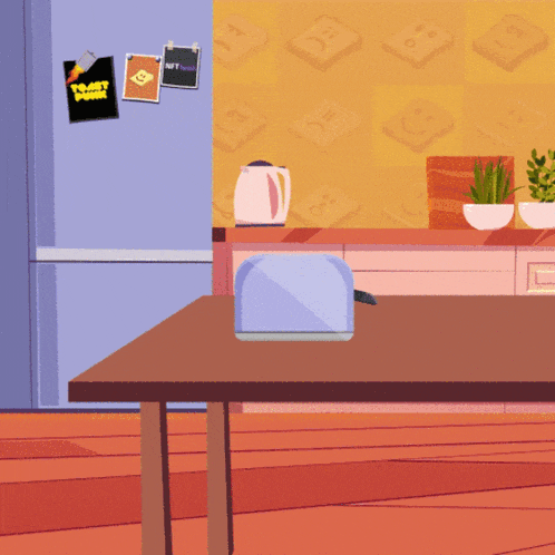 a cartoon illustration of a kitchen with a toaster on the table and a poster on the refrigerator that says power puff girl