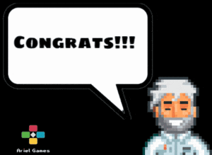 a pixel art of a man with a speech bubble that says congrats !!!