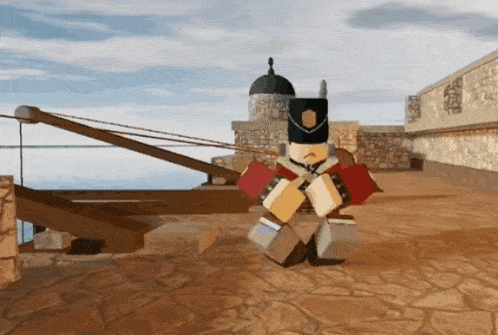 a toy soldier is walking on a stone floor in front of a building