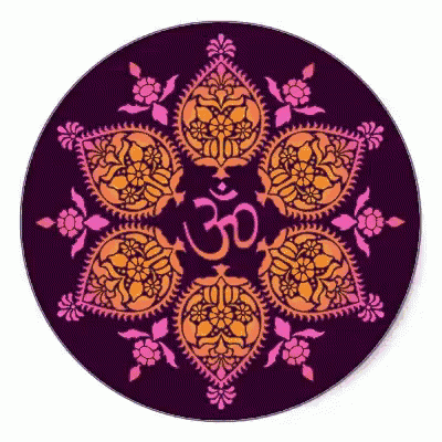 a purple circle with a floral pattern and the om symbol in the center