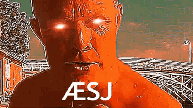 a cartoon of a man with glowing eyes and the word aesj written on his chest .