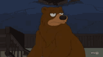 a cartoon bear is sitting in front of a wall that says nem