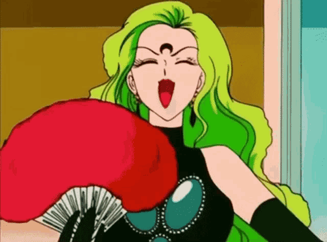 a woman with green hair is holding a red fan .