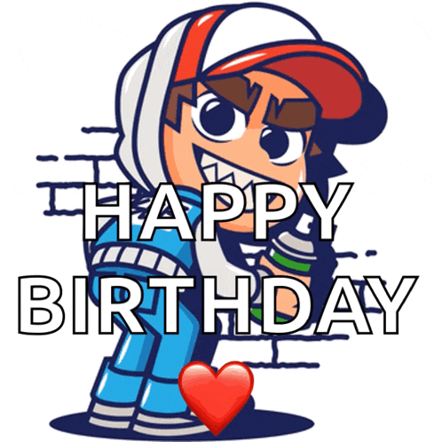 a cartoon character says happy birthday and has a red heart