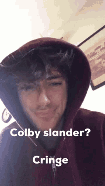 a young man wearing a hoodie is smiling and says colby slander cringe .