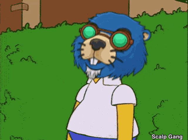 a cartoon of a beaver wearing goggles and a white shirt with the words scalp gang below it