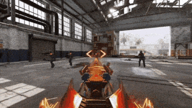 a video game is being played in a warehouse with soldiers in the background