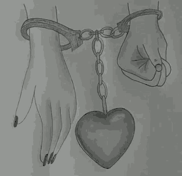 a black and white drawing of a woman 's hand in handcuffs holding a heart .