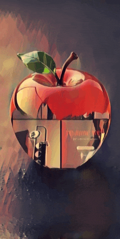 a painting of a red apple with a book inside of it