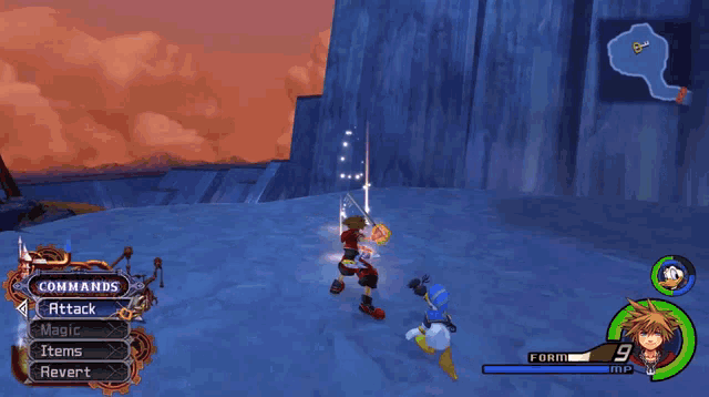 a screenshot of a video game that says commands attack magic items revert and form