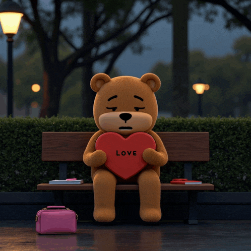 a teddy bear is sitting on a park bench holding a heart that says love