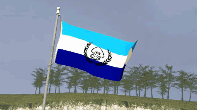 a blue and white flag with a cartoon squid on it