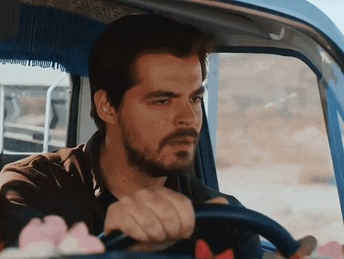 a man with a beard is driving a car with a j on the windshield