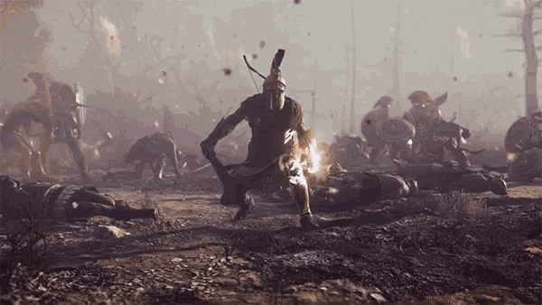 a man in a spartan helmet is holding a sword in a field of dead people