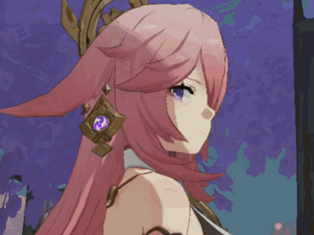 a girl with pink hair and blue eyes is wearing a pair of earrings