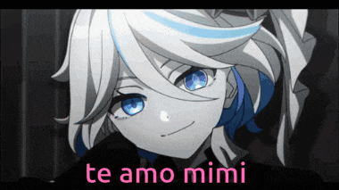 a girl with white hair and blue eyes says te amo mimi in pink letters