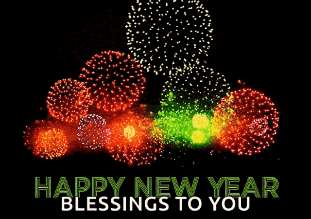 a fireworks display with the words happy new year blessings to you below it
