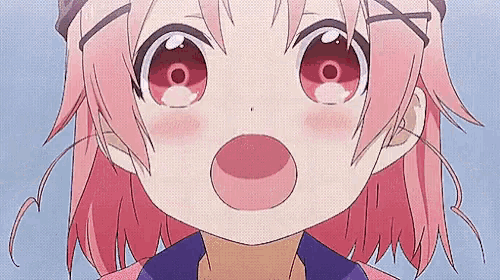 a close up of a girl with pink hair and red eyes .