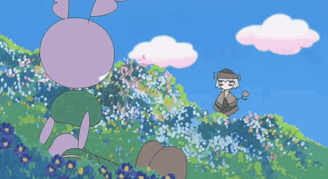 a bunch of cartoon characters are standing in a field of purple flowers